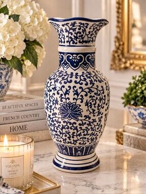 Apropos Vase| Blue White Chinoiserie Ceramic Vase |Scalloped|French Country 13"